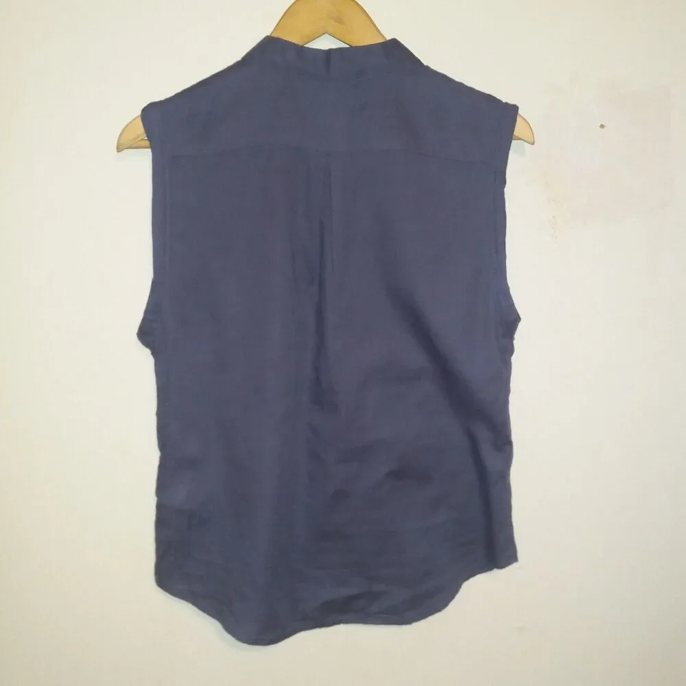 Levi's Women Blue Sleeveless Button Front Blouse-Small-Collared-Pockets-Cotton